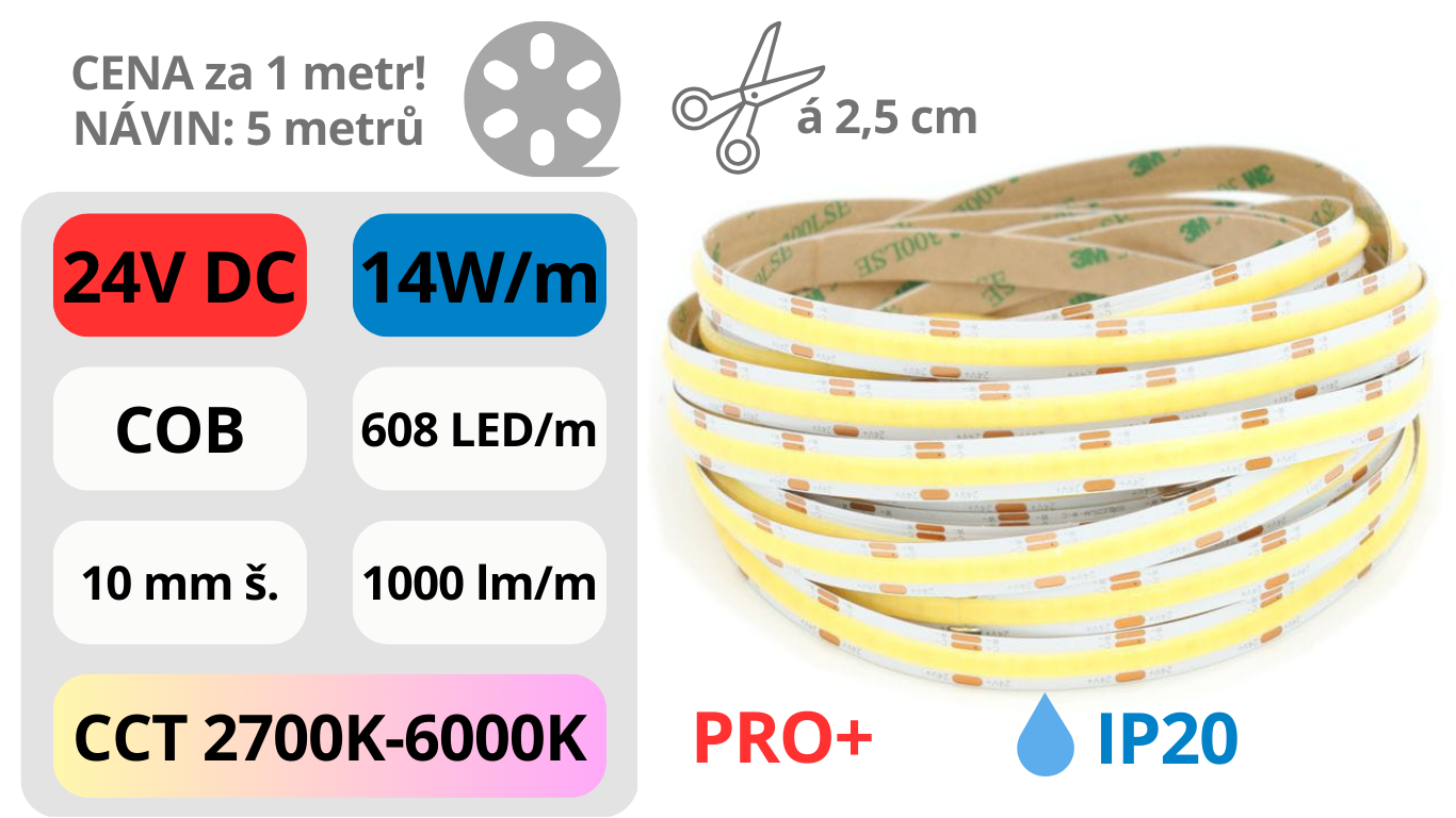CCT MultiWhite COB LED pásek, 2700K-6000K, 24V DC / 608LED / 14W / IP20 / 10mm / PRO+